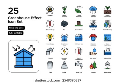 Greenhouse Effect Filled Line Icon Set: Rising Temperatures, Atmospheric Gases, and Environmental Impact Icons