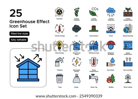Greenhouse Effect Filled Line Icon Set: Rising Temperatures, Atmospheric Gases, and Environmental Impact Icons