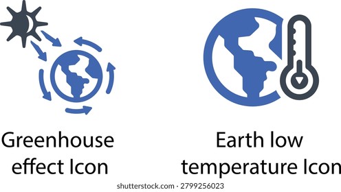 Greenhouse effect icon with earth and thermometer showing low temperature