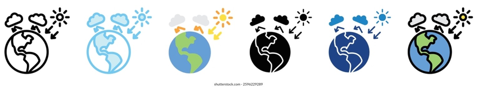 Greenhouse Effect multi style, mini illustration icon set. outline, flat, glyph, line color, UI, UX, app and web, digital or print. related to ecology and environment.