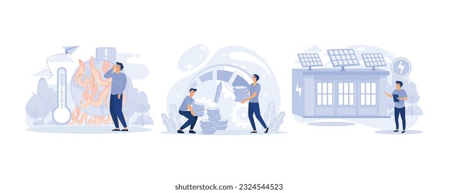 Greenhouse effect, petroleum industry, electrical power plant icons set. Global warming, set flat vector modern illustration