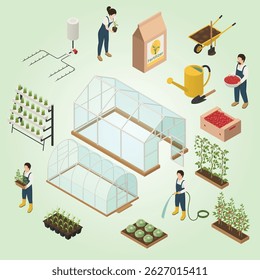 Greenhouse Elements Isometric elements Set concept watercolor village spring watering sowing technology carbon dioxide botany seedling disaster grow equipment