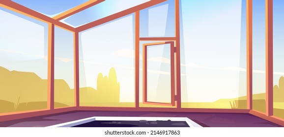 Greenhouse empty interior with glass walls, windows, roof and stone floor. Winter garden, orangery, hothouse cartoon background, place for growing flowers and plants inside view, Vector illustration