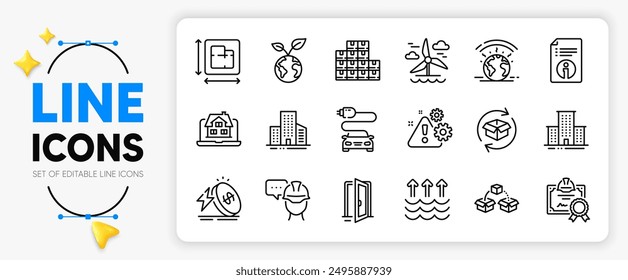 Greenhouse, Evaporation and Windmill line icons set for app include Floor plan, Energy price, Buildings outline thin icon. Certificate, Open door, Foreman pictogram icon. Warning. Vector