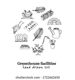 Greenhouse facilities isolated hand drawn doodles Vector set