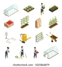 Greenhouse facilities personnel tools equipment plants accessories isometric icons set with wheelbarrow 