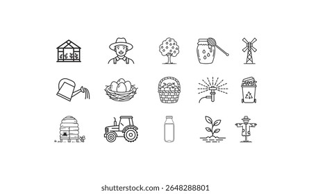 Greenhouse farmer apple tree honey windmill watering can nest basket sprinkler trash can beehive tractor bottle