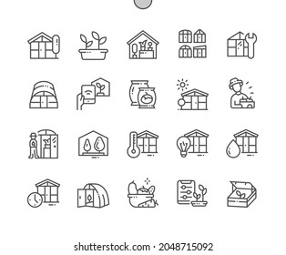 Greenhouse. Farmer and harvest. Smart greenhouse. Gardening and agricultural. Pixel Perfect Vector Thin Line Icons. Simple Minimal Pictogram svg