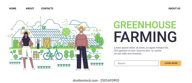 Greenhouse farming concept eco-friendly sustainable practices. Two farmers stand in front of a greenhouse surrounded by plants and farming tools minimalistic line art