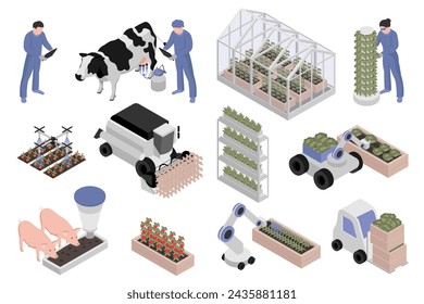 Greenhouse farming isometric elements constructor mega set. Creator kit with flat graphic farmers, livestock, smart planting automation machinery, harvesting. Vector illustration in 3d isometry design