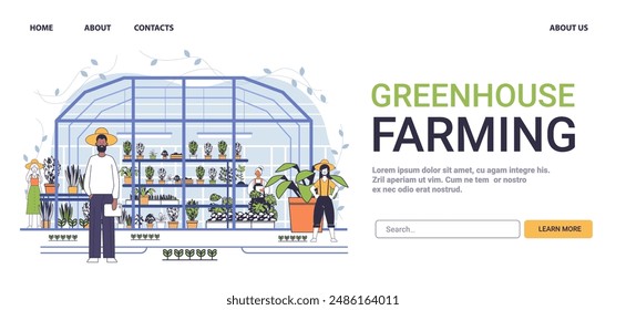 Greenhouse farming sustainable agriculture concept people working plants minimalistic line art