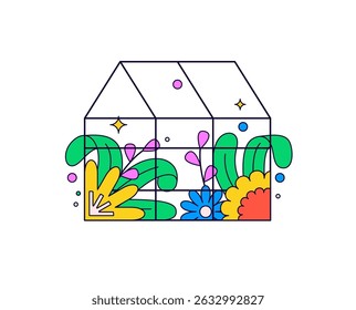 Greenhouse filled with colorful blooming flowers and leaves in hand drawn vector cartoon style Perfect for nature, garden, and spring icon badges or sticker design