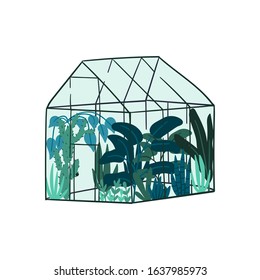 Greenhouse flat cartoon style hand drawn illustration. Urban jungle concept. Tropical trees and flowers. 