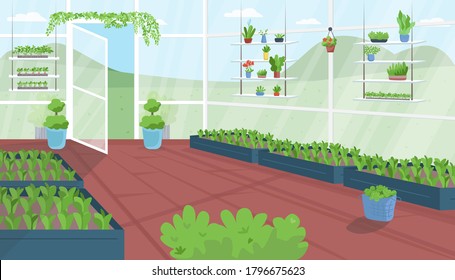 Greenhouse Flat Color Vector Illustration. Vegetable Cultivation. Urban Garden. Structure For Horticulture. Plantation House. Agriculture Facility 2D Cartoon Interior With Landscape On Background