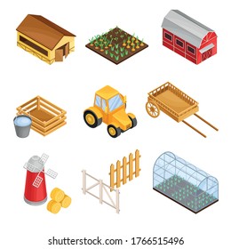 Greenhouse, Flour Mill and Tractor as Agricultural and Farming Industry Vector Isometric Set