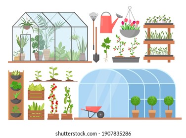 Greenhouse flower plant vegetable cultivation vector illustration set. Cartoon glasshouses for planting and growing natural organic agricultural products, garden equipment and tools isolated on white svg