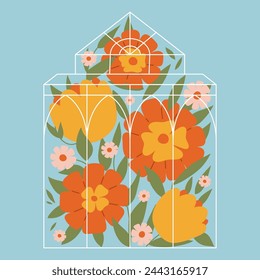 A greenhouse with flowers. Spring blooming glasshouse. Floral illustration svg
