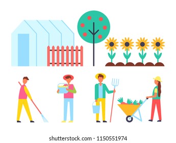 Greenhouse and fruit tree set of farming icons. Farmers gathering harvest harvesting people and sunflowers growing. Man with rake hay-fork vector