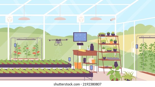 Greenhouse of future. Innovative agricultural industry smart planting house plant, drone irrigation iot mobile application monitoring and farm control, vector illustration of industry agriculture