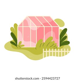 Greenhouse garden. Glass orangery for cultivating plants. Harmony with nature vibe. Cottagecore and rustic farm countryside aesthetic. Isolated vector illustration
