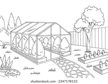 Greenhouse in the garden graphic black white landscape sketch illustration vector