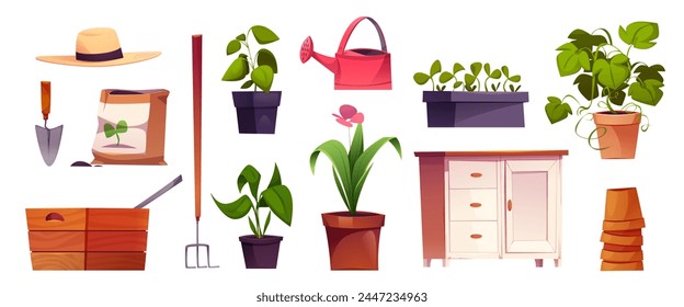 Greenhouse garden interior furniture and equipment. Cartoon vector illustration set of home and farm plants, cultivated seedlings in plastic pots, chest and wooden box, sack with grains and water can.