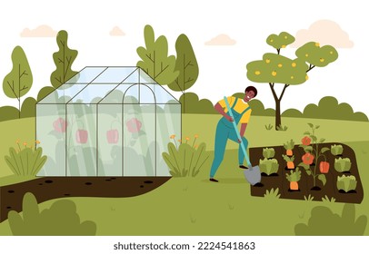 Greenhouse in garden. Man with shovel planting plants and vegetables. Farming and agriculture, harvesting, countryside and rural landscape. Poster or banner. Cartoon flat vector illustration