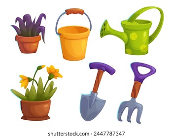 Greenhouse garden rake, shovel and flower nursery vector tool icon. Isolated bucket, spade and flowerpot for care and cultivation hobby collection. Agronomy interior object props set for game