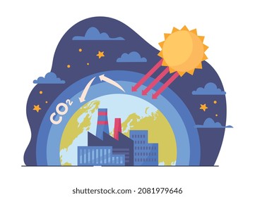 Greenhouse gas emission. Infographics about dangers of factories, improper waste processing. Production pollutes atomosphere, global problems, ecology, nature. Cartoon flat vector illustration