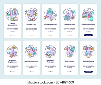 Greenhouse Gas Emissions Onboarding Mobile App Page Screen With Concepts Set. Carbon Offset Walkthrough 5 Steps Graphic Instructions. UI, UX, GUI Vector Template With Linear Color Illustrations