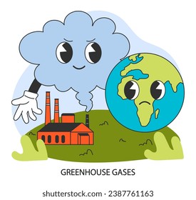 Greenhouse gases. Climate change and ecological crisis. Pollution and CO2 emission affect on Earth. The planet with sad face. Flat vector illustration