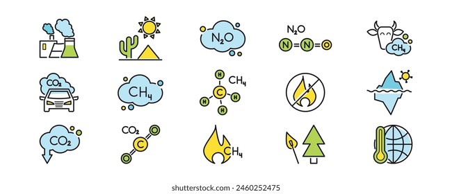 Gases de efecto invernadero: metano ch4, dióxido de carbono, n2o conjunto de iconos de color. Deforestación, derretimiento glaciar, quemadura, tóxica, fuego, incineración, vaca, fugas, fórmula, molécula, nube. Ilustración vectorial