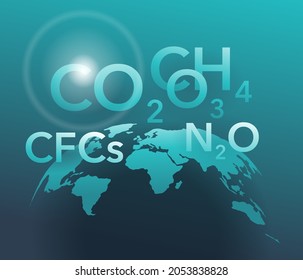 Greenhouse gases poster - carbon dioxid, methane, nitrous oxide and ozone in Earth Atmosphere. Vector illustration