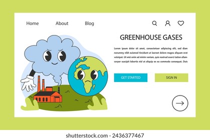 Greenhouse gases web banner or landing page. Climate change and ecological crisis. Pollution and CO2 emission affect on Earth. The planet with sad face. Flat vector illustration