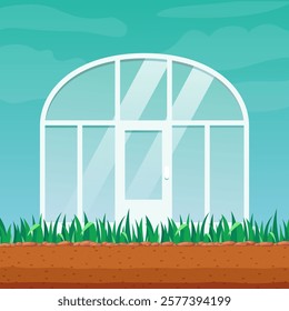 Greenhouse. Glass greenhouse against the blue sky. Vector illustration