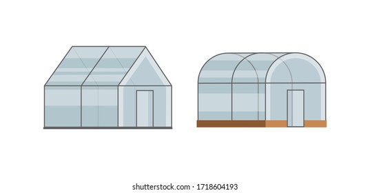 Greenhouse with glass walls, foundations and gable roof, side view. Set of greenhouse and garden stock symbol for web. Classic cultivate greenhouse gardening. Year-round growing object.