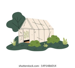 Greenhouse with Green Plants, Rural Landscape Element Vector Illustration