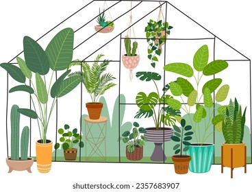 Greenhouse with green plants. Urban jungle. Gardening illustration