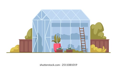 Greenhouse for growing vegetables and plants. Vector flat glasshouse with potted flora, gardening and farming hobby. Production of organic natural products, exotic flowers, florist orangery