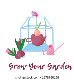 Greenhouse for home or urban gardening hobby. Glasshouse with the pots of greenery and flowers. Vector concept