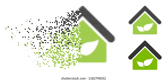 Greenhouse icon in dissolved, pixelated halftone and entire versions. Pixels are combined into vector disappearing greenhouse icon. Disappearing effect involves rectangular dots.