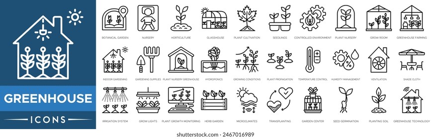 Greenhouse icon set. Botanical Garden, Nursery, Horticulture, Glasshouse, Plant Cultivation, Seedlings and Controlled Environment