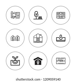 Greenhouse icon set. collection of 9 outline greenhouse icons with germination, greenhouse, park icons. editable icons.