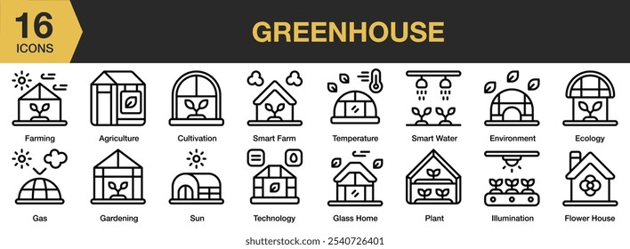 Conjunto de ícones de estufa. Inclui agricultura, cultivo, ecologia, meio ambiente, agricultura e muito mais. Contornar coleção de vetores de ícones.