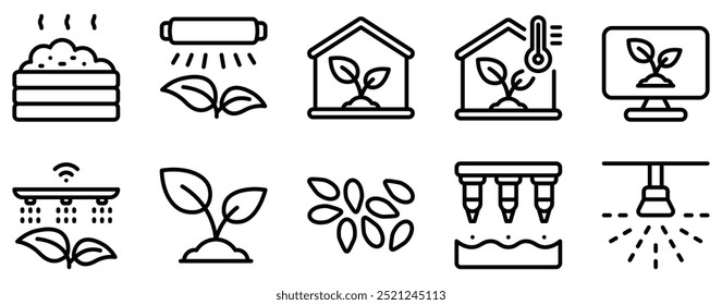 Greenhouse Icon Set Coleção de Estilo de Linha Sustentável para Cultivo Eco-Friendly