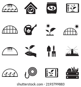 Greenhouse Icons. Black Flat Design. Vector Illustration.