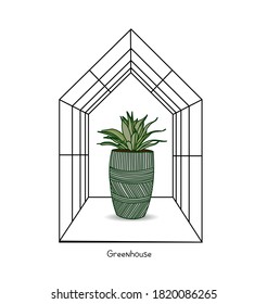 Greenhouse illustration on white background. flower house. Winter Garden. Gardening and truck farming concept. Exotic houseplant.