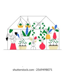 Greenhouse With Indoor Plants In Flat Vector Illustration Symbolizing Gardening, Sustainable Living, And Plant Cultivation, Isolated On White Background