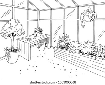 Greenhouse interior graphic black white sketch illustration vector