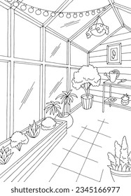 Greenhouse interior graphic black white sketch vertical, illustration vector 